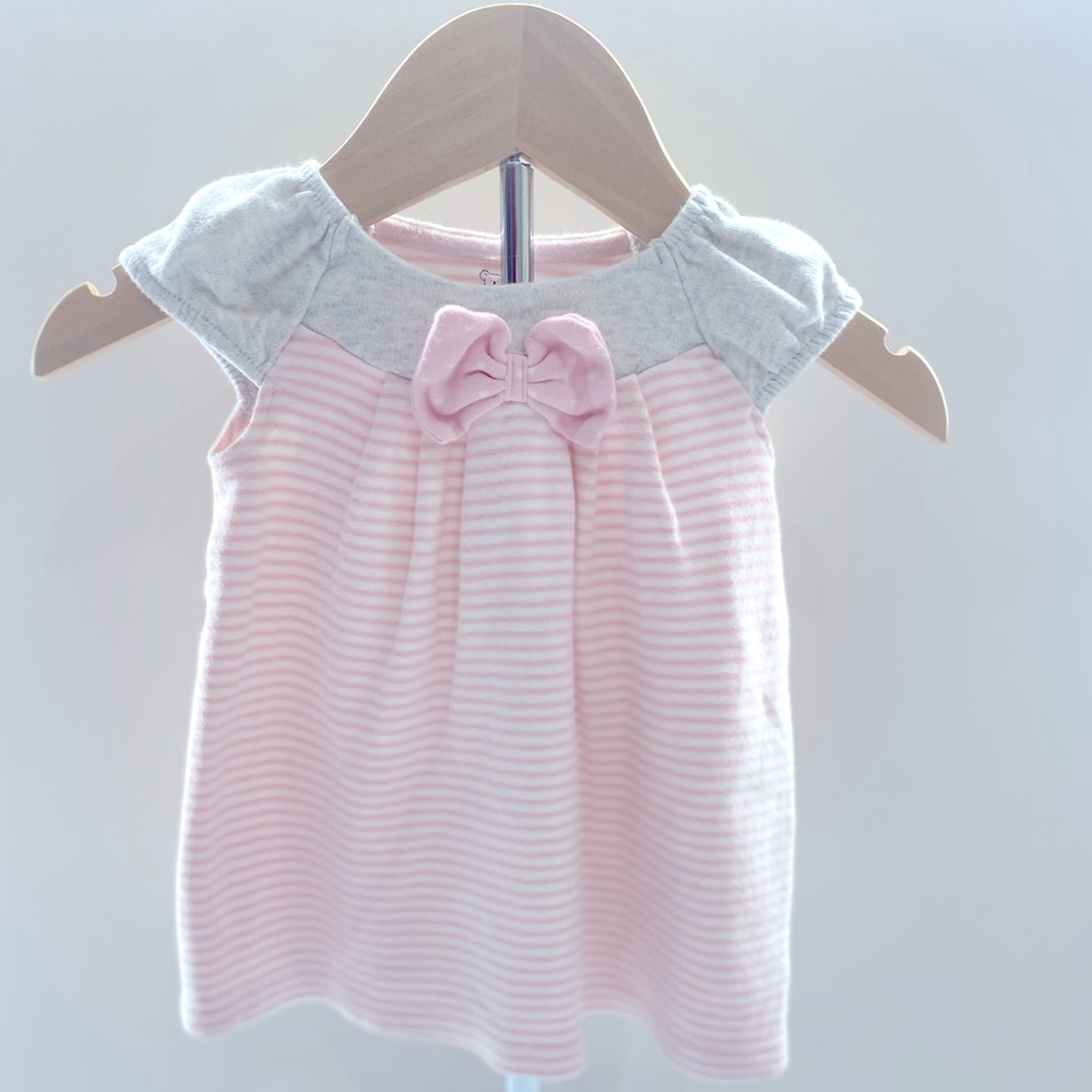 Koala Baby Organics Cotton Striped Pink and Gray Dress with Bow 3-6 Months - EUC